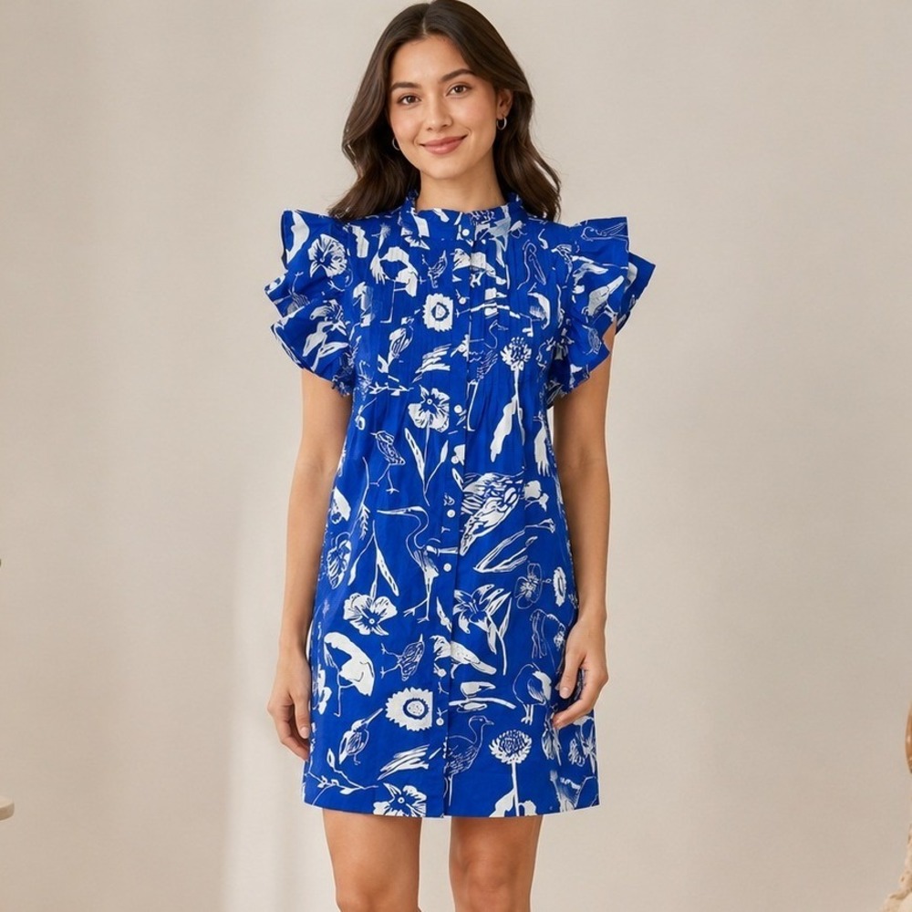 Oliphant Ruffle Sleeve Dress Large Blue Bird Print Pockets Coastal Tropical